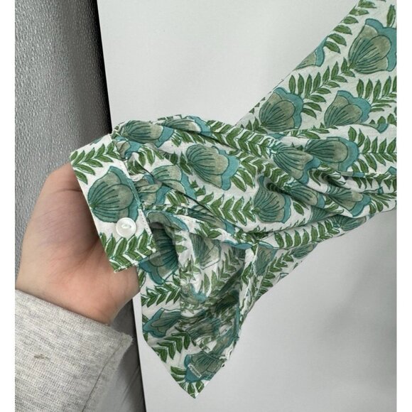 Emerson Fry India Collection Green Floral Peasant Top size L Button Front Cotton - Picture 3 of 7